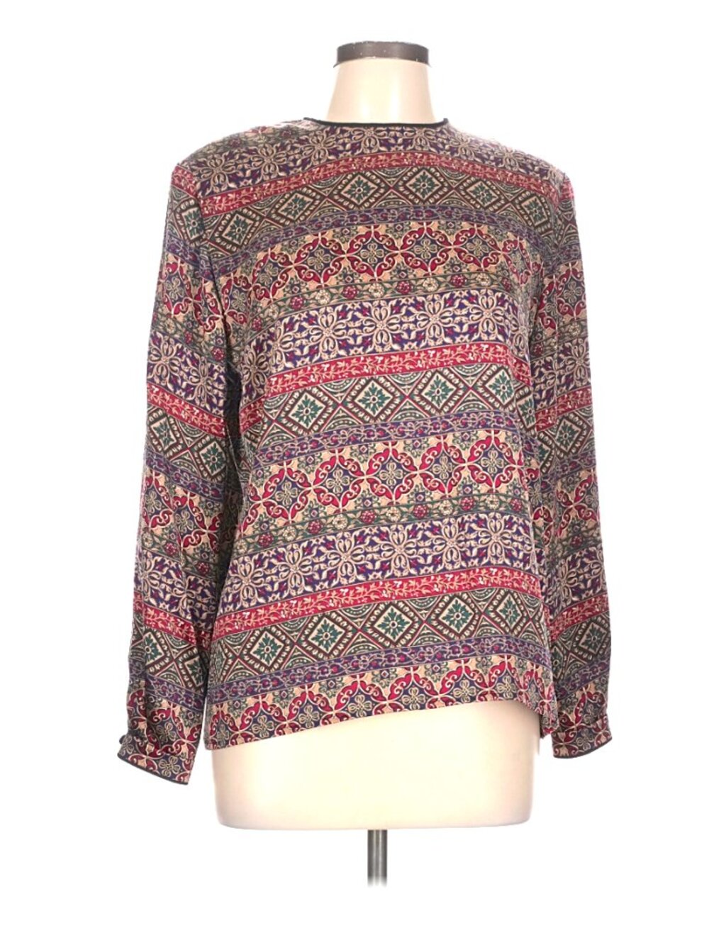 Talbot's Vintage Women's Geometric Medallion Long Sleeve Blouse In Silk-Size 10P